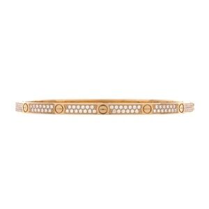 Cartier Love Bracelet Paved Diamond 18K Yellow Gold Bangle Small Model Size 16